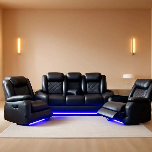 Black Power Recliner Sofa Set With LED And USB Charging from PriceLows™