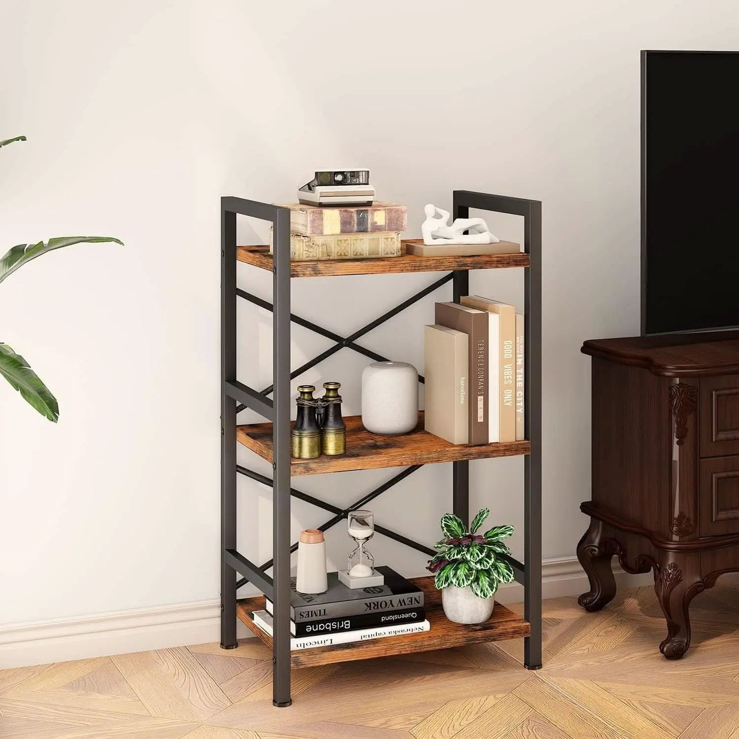 Rustic Brown 3 Tier Metal Bookshelf For Living Room from PriceLows™