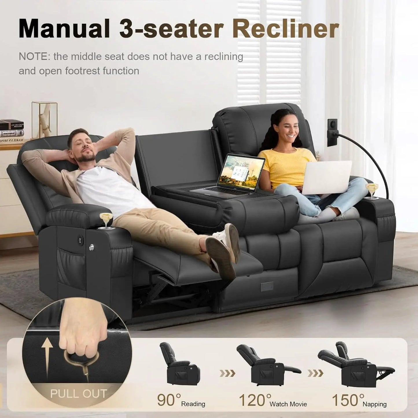 Three Seat Recliner Sofa With Flip Backrest And USB Ports from PriceLows™