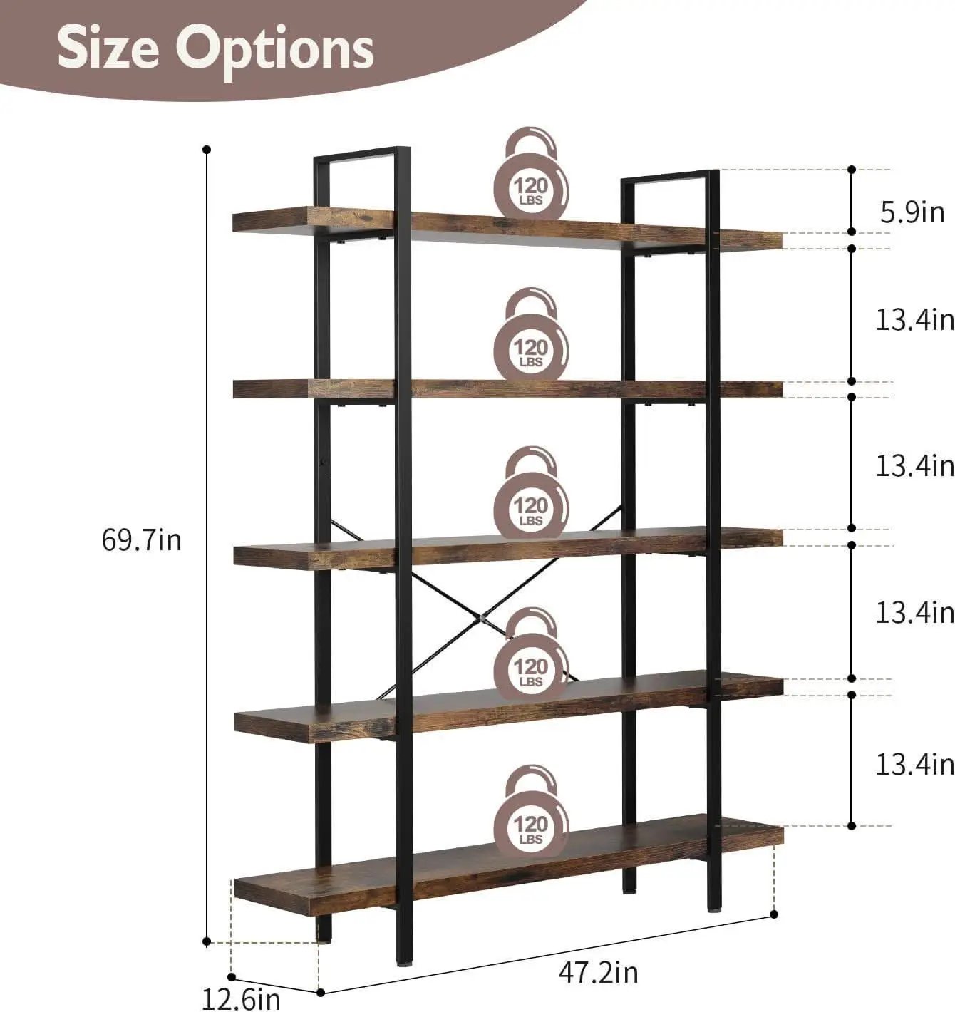 Brown 47 Inch Wide Industrial Bookcase Open Shelves from PriceLows™