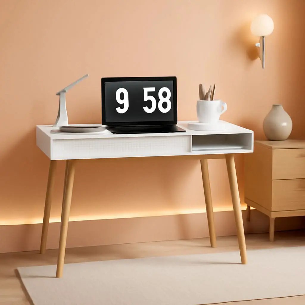 White Mid Century Modern Desk With Hidden Drawer For Home Office from PriceLows™