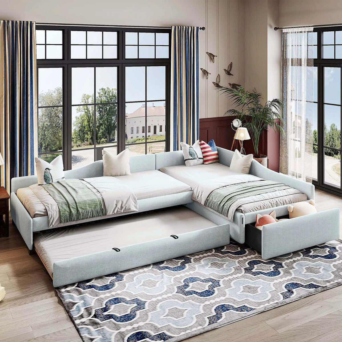 Upholstered Double Daybed | Trundle And Drawer | Two Twin Beds | 120 Inch Length