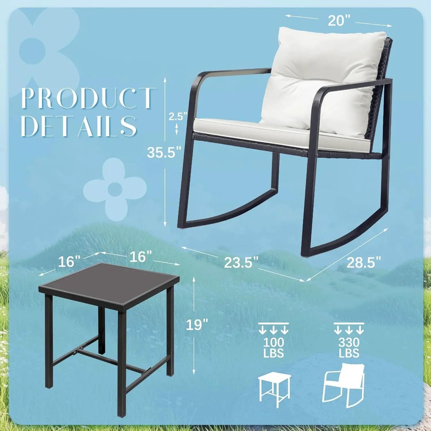 Patio Set 3 Piece White Wicker Rocking With Coffee Table from PriceLows™