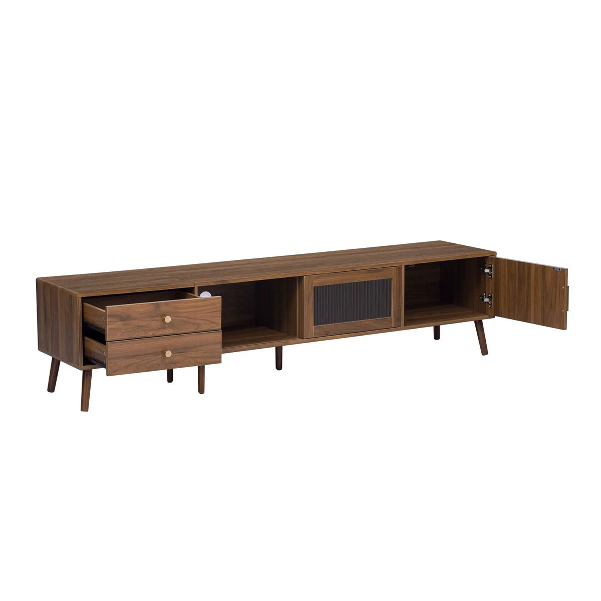 76 Inch TV Stand | Tempered Glass Doors | Two Deep Drawers | Natural Wood Legs