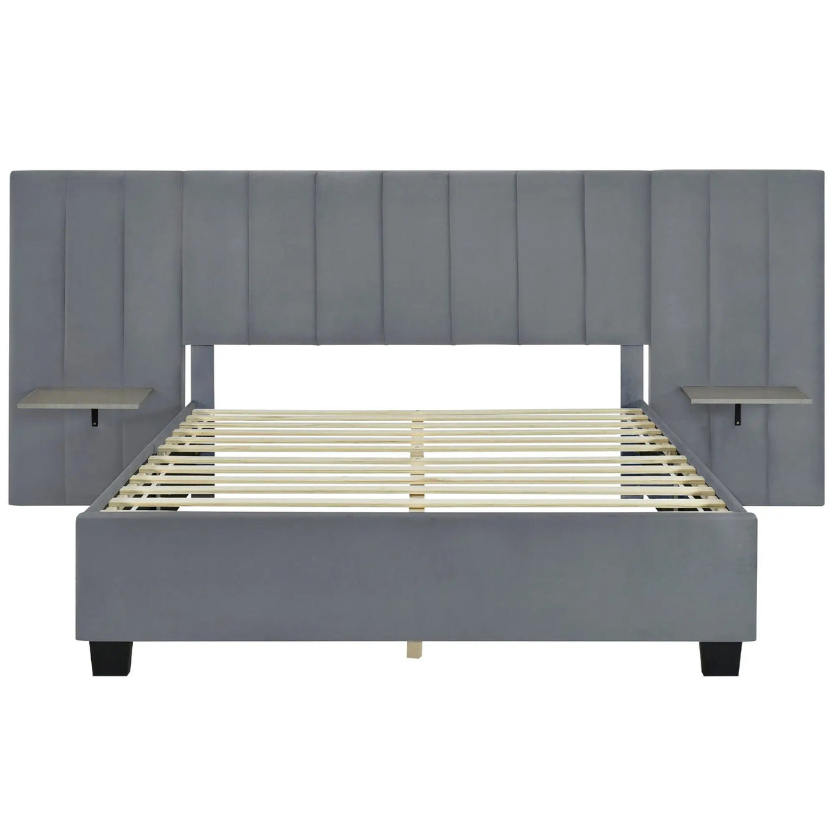 Upholstered Platform Bed | Oversized Ultra-Soft Headboard | Integrated Side Shelves | 111.8 Inch Length