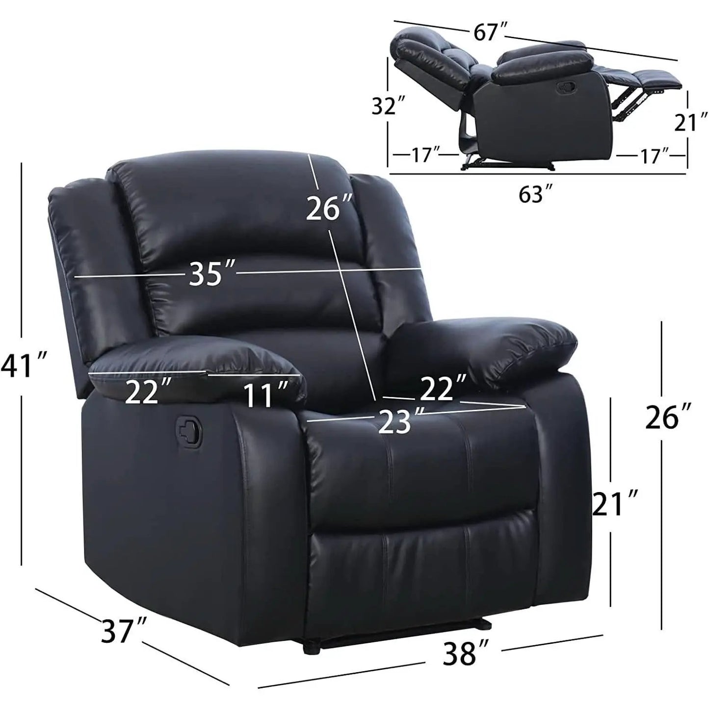 Black Bonded Leather Recliner With Overstuffed Arm And Back from PriceLows™