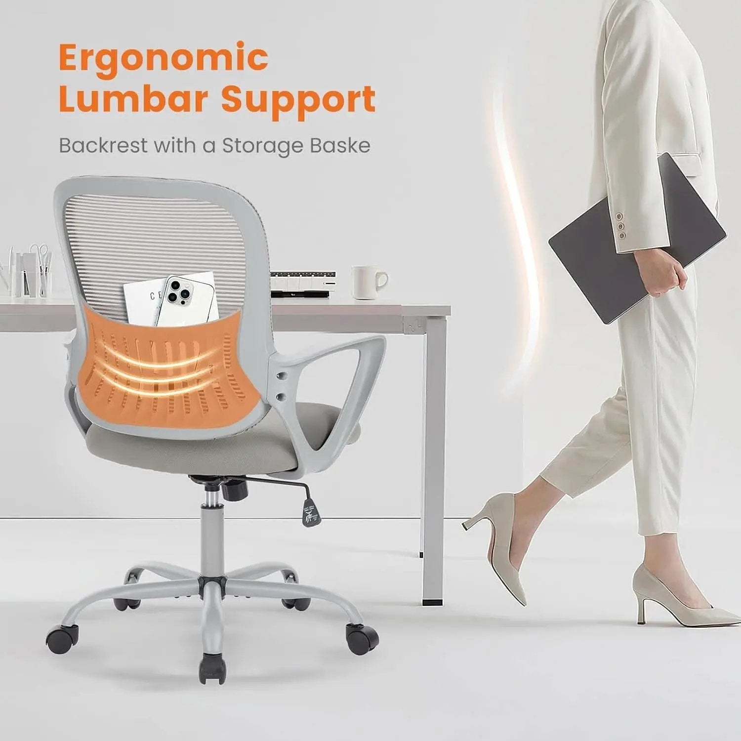 Ergonomic Mesh Office Chair With Lumbar Support And Rolling Wheels Grey from PriceLows™