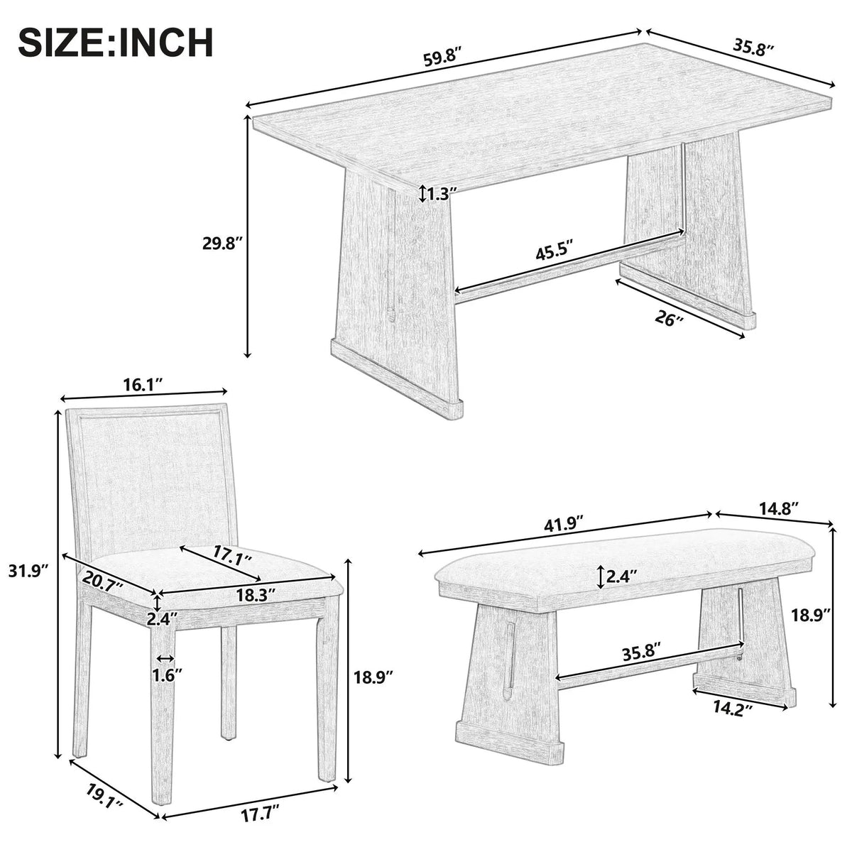 Dining Set | Rectangular Table | 4 Chairs 1 Bench | Seats 6