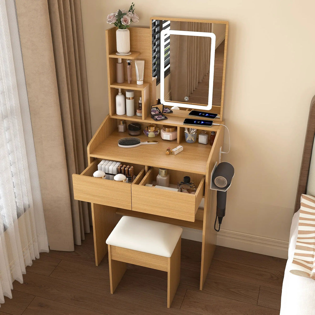 Vanity Table | Adjustable LED Mirror | Power Outlets | Padded Stool