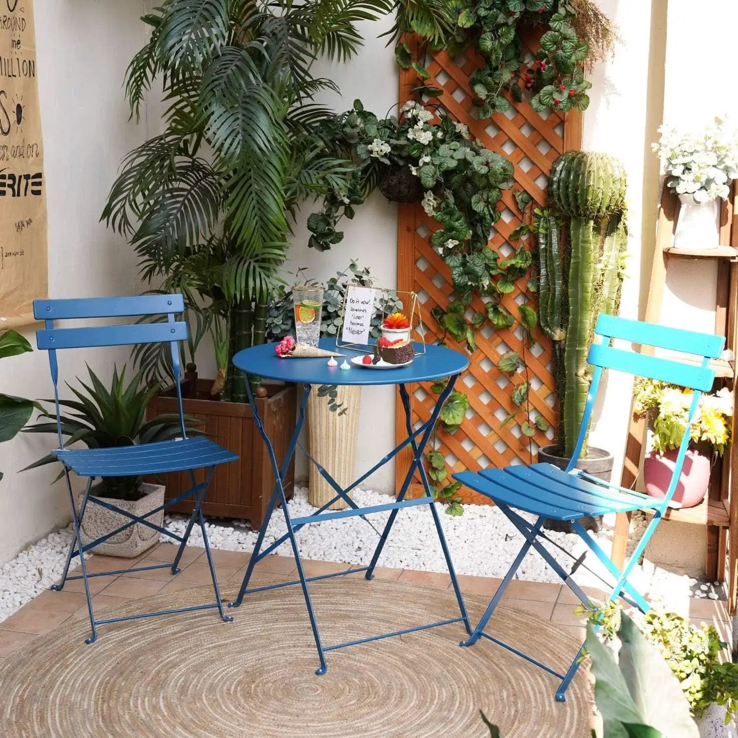 Peacock Blue 3 Piece Folding Bistro Set For Patio Garden from PriceLows™
