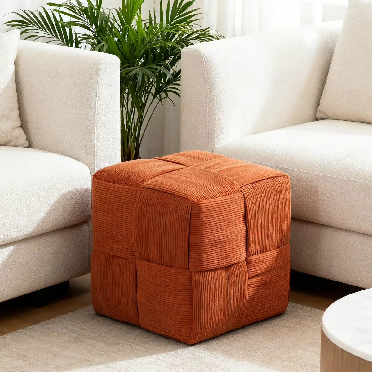 Modern Ottoman Foot Rest | Woven Design | Engineered Wood Frame | 14.2 Inch Cube