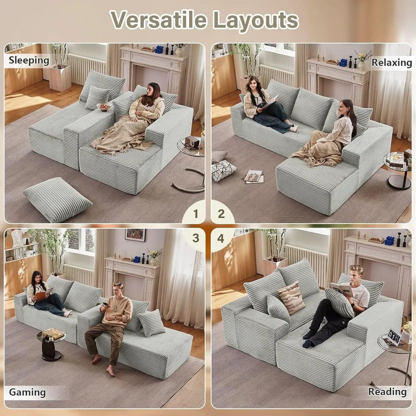 107 Inch Grey Corduroy L Shaped Modular Sleeper Sofa from PriceLows™