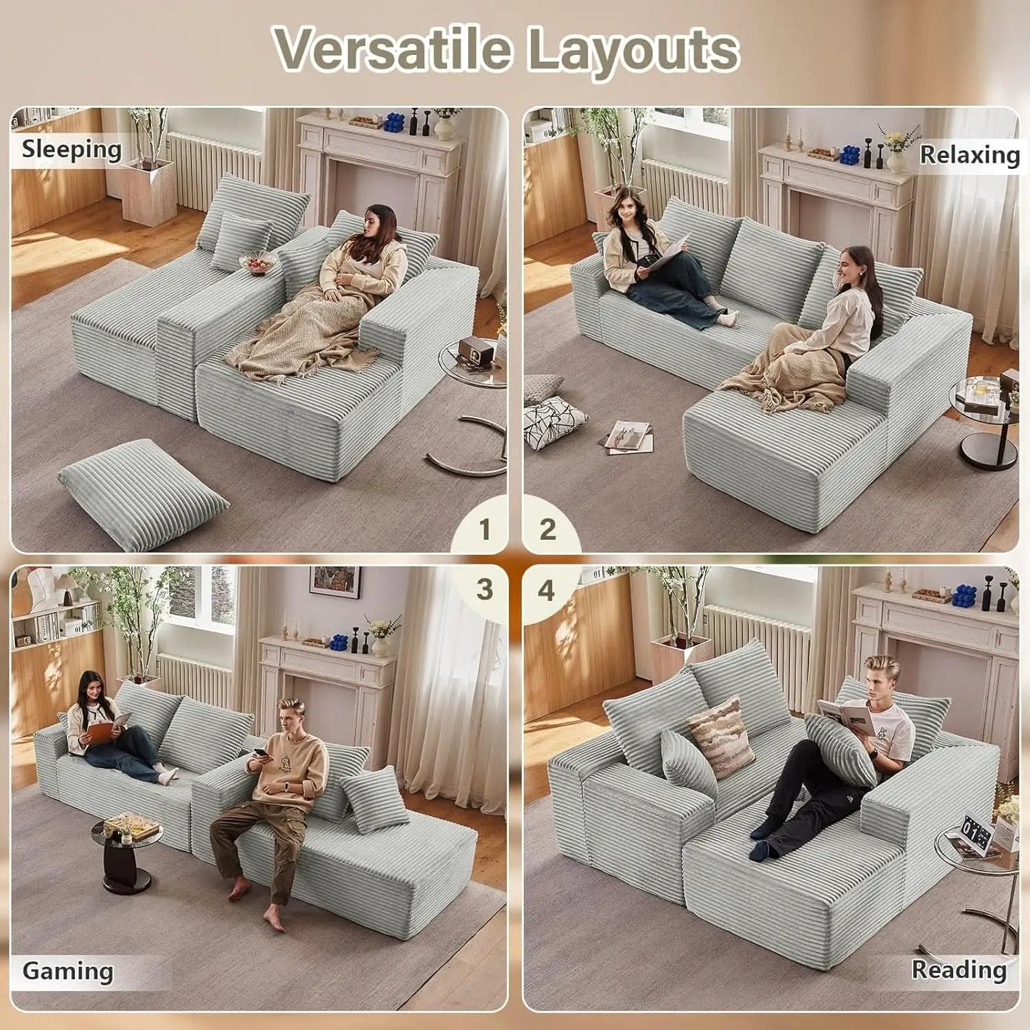 107 Inch Grey Corduroy L Shaped Modular Sleeper Sofa from PriceLows™
