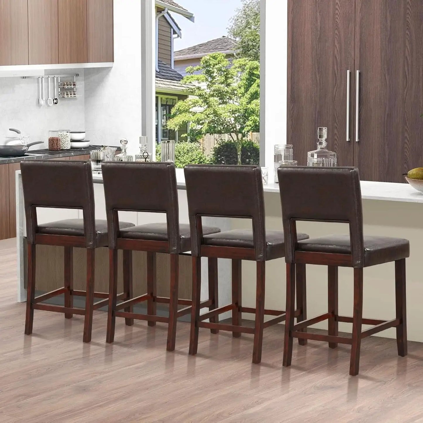 Counter Height Bar Stools Set Of Two, Twenty Four Point Five Inch, Brown Upholstered PVC Leather from PriceLows™