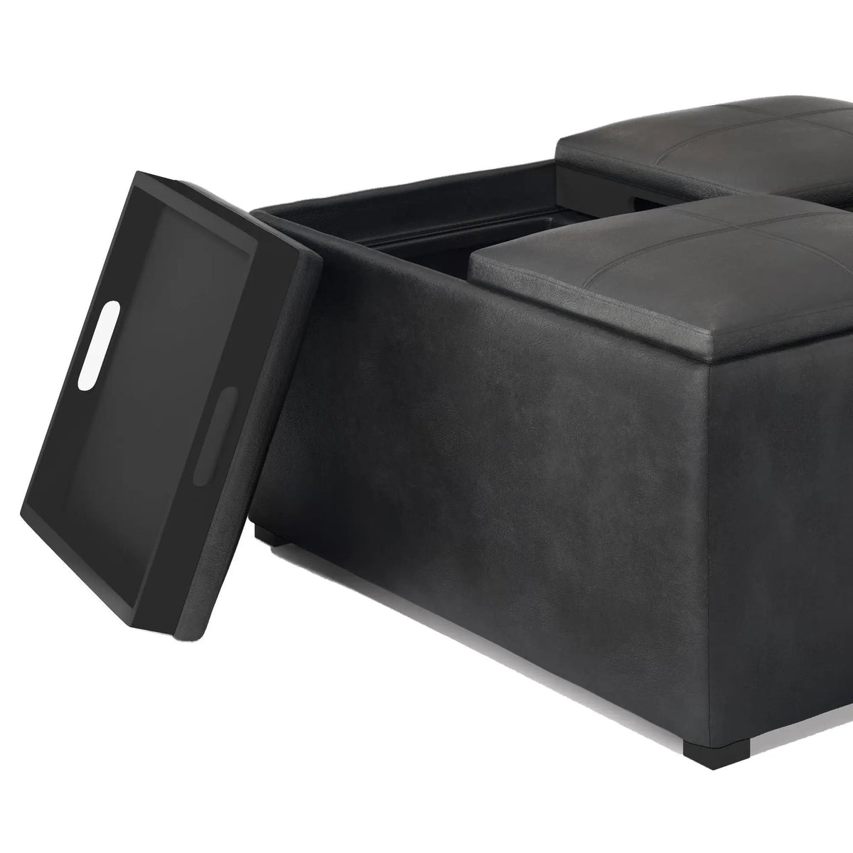 Avalon Upholstered Storage Ottoman | Vegan Leather | Four Flip Over Serving Trays | 35 Inch Width