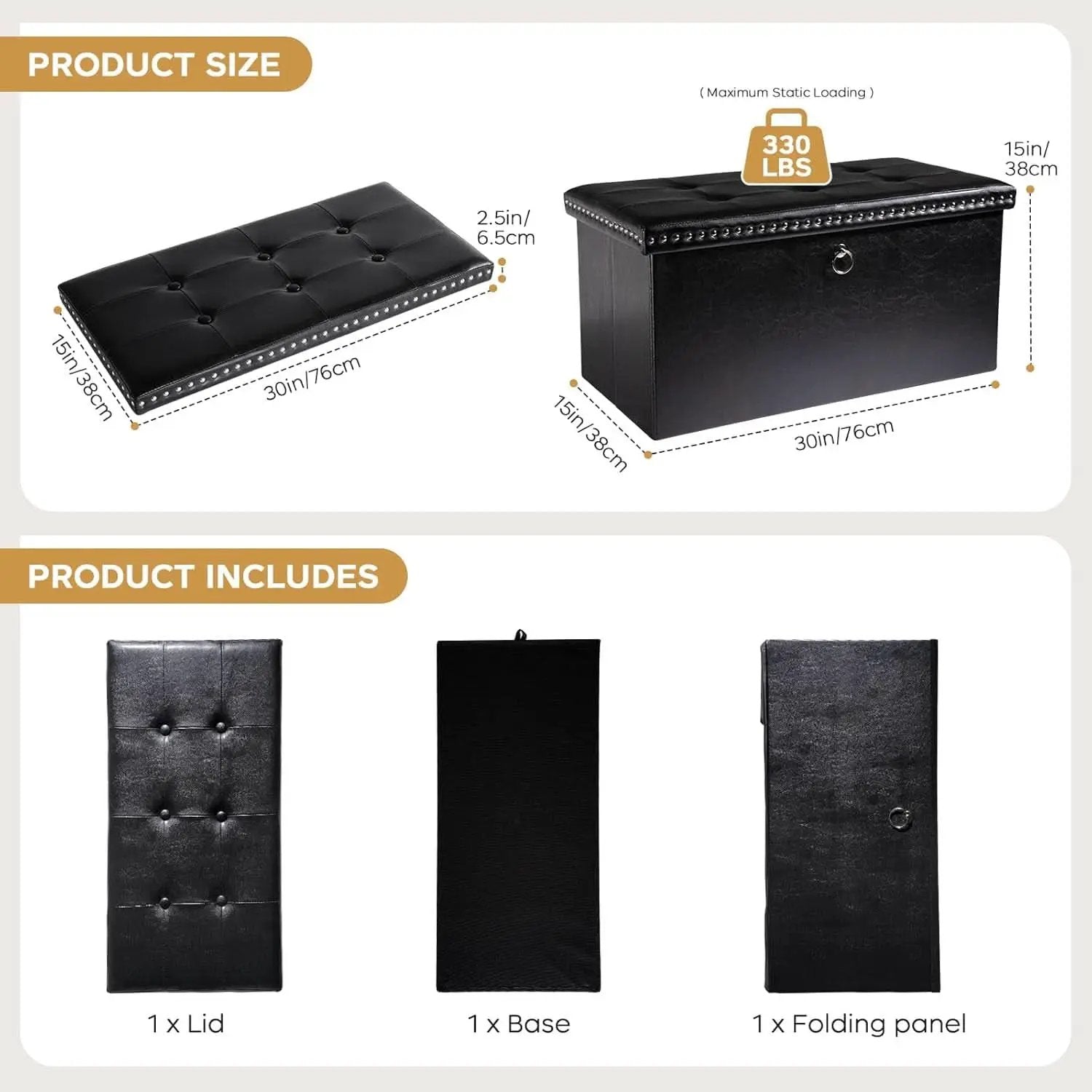 Faux Leather Folding Storage Ottoman 30 Inch Size Black from PriceLows™