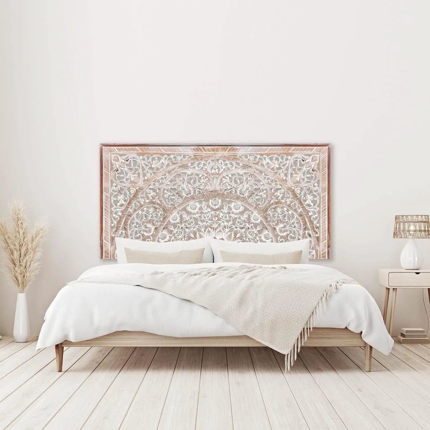 Handcrafted White-Wash Wooden Queen Headboard with Carved Design from PriceLows™