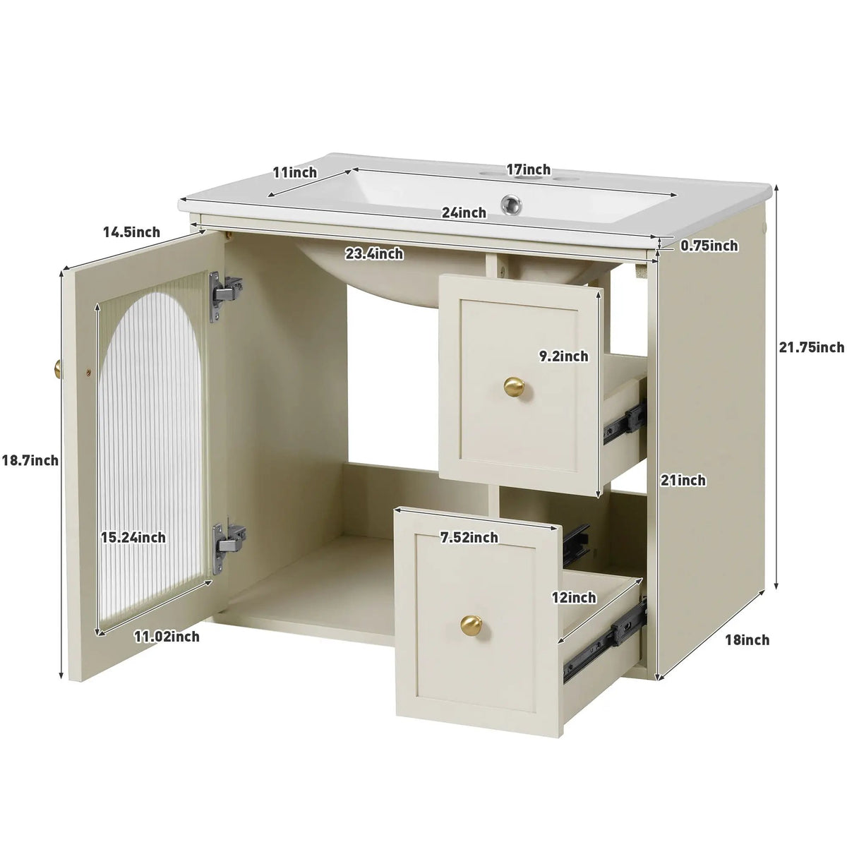 Wall-Mounted Bathroom Vanity Set | Sink Included | 2 Drawers | Soft-Close Glass Door Cabinet