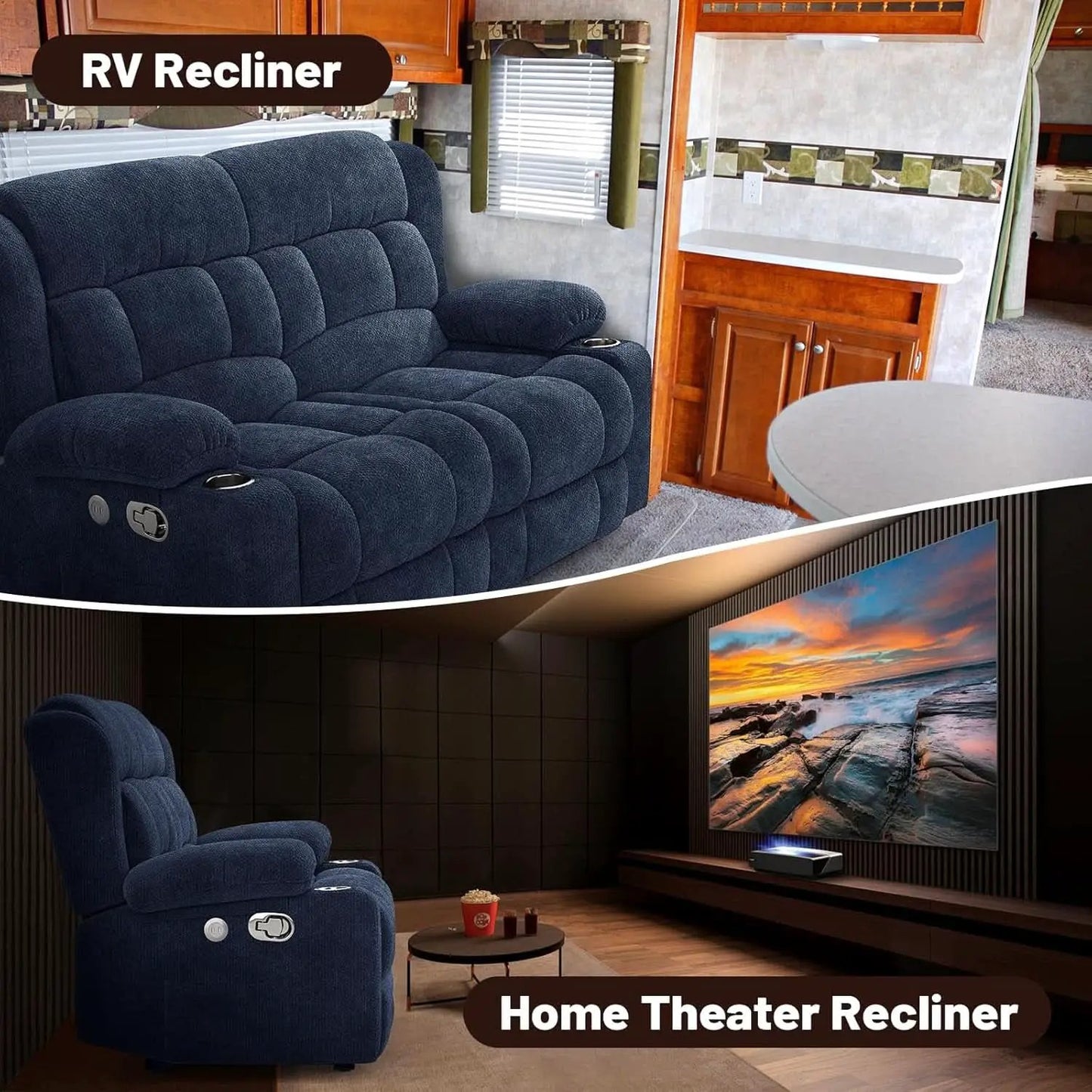 Blue Fabric Reclining Loveseat With USB Ports For Living Room from PriceLows™