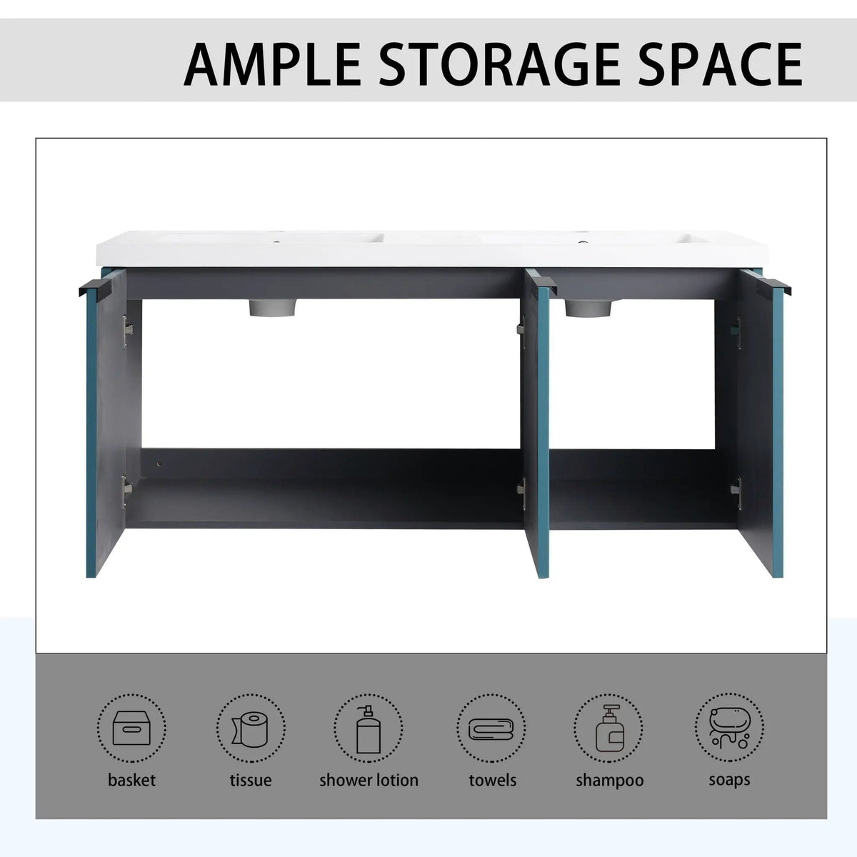 Contemporary Wall Mounted Bathroom Vanity With Resin Double Sink | 6 Pieces | Metal & Plywood | Bathroom