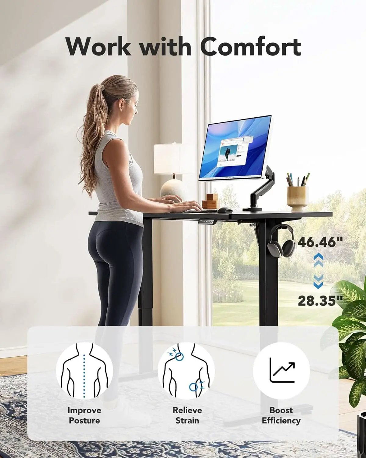Electric Standing Desk 48x24 Inch Adjustable Height 4 Memory Settings Black from PriceLows™