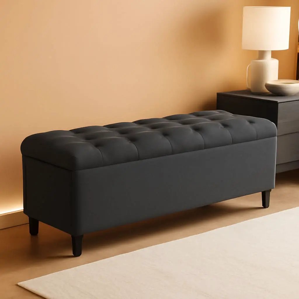 Dark Grey Tufted Fabric Storage Ottoman 17.5 In Depth from PriceLows™
