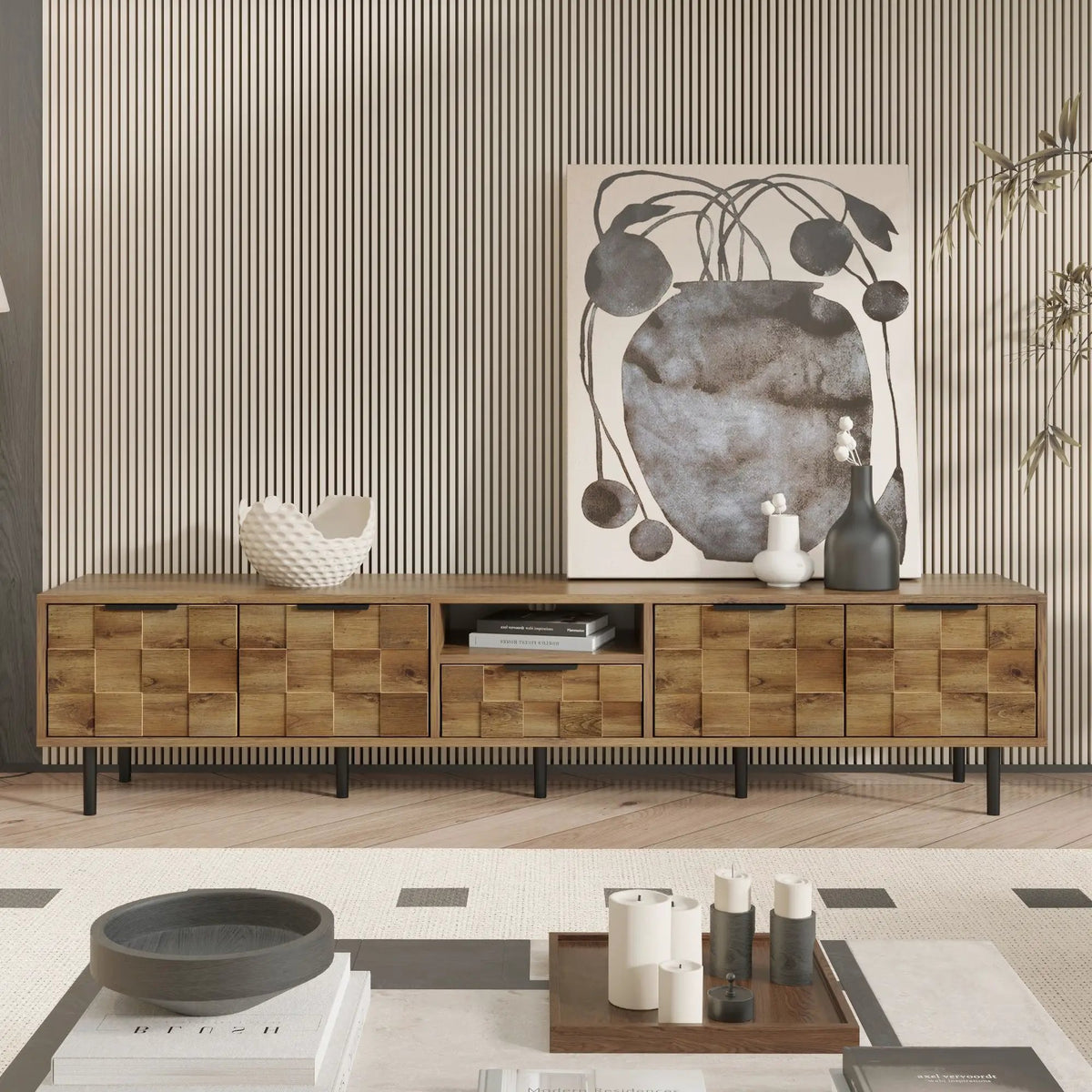 Natural TV Stand | L Shaped Handles | Checkered Design | Four Soft-Closing Cabinets
