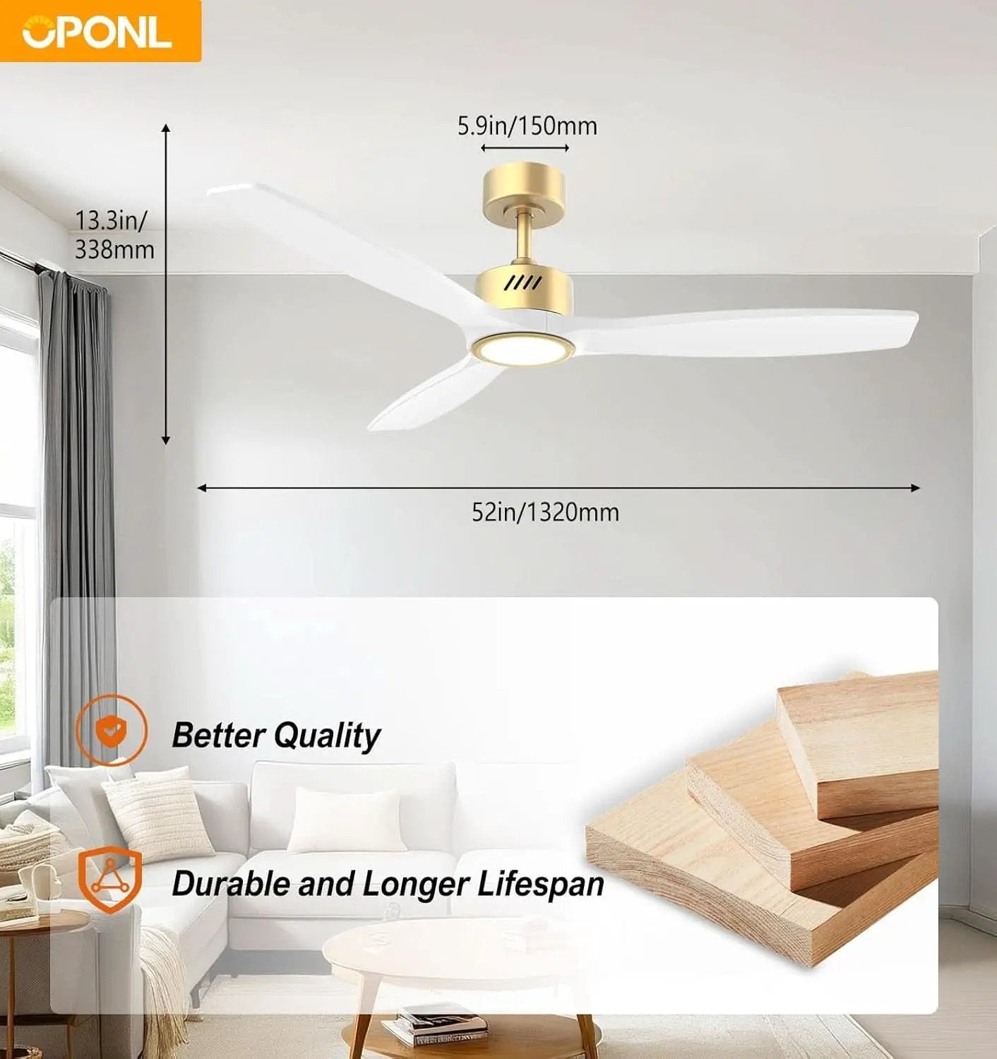 52 Inch Wooden Ceiling Fan With Integrated Light And Remote Control from PriceLows™