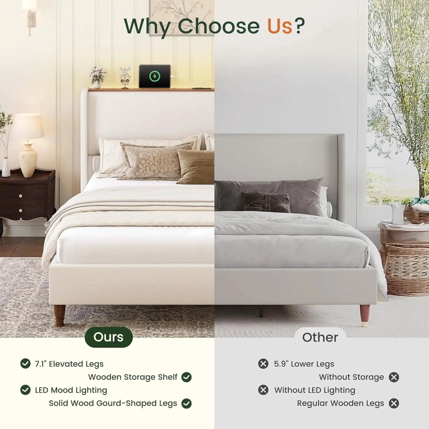 Queen Size Upholstered Bed Frame With LED Lights And USB from PriceLows™