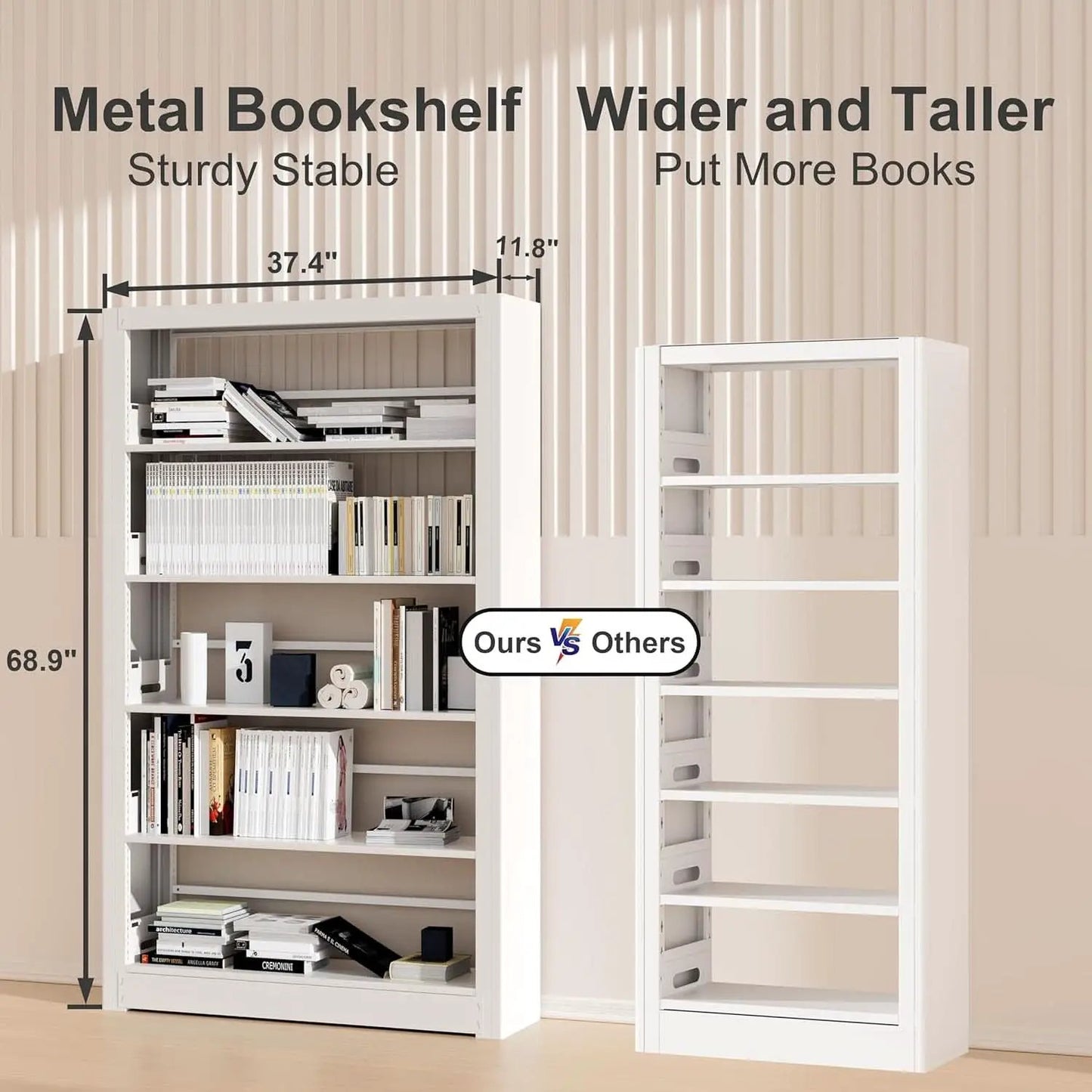 5-Tier White Metal Bookshelf With Adjustable Shelves from PriceLows™