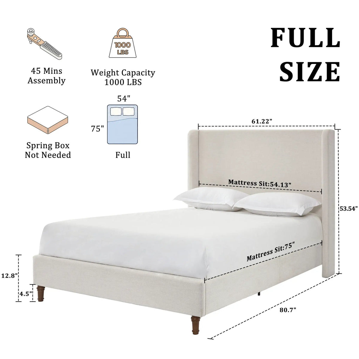 Harper Tall Headboard Upholstered Bed | Elegant Simplicity | No Box Spring Needed | 54 Inch Height