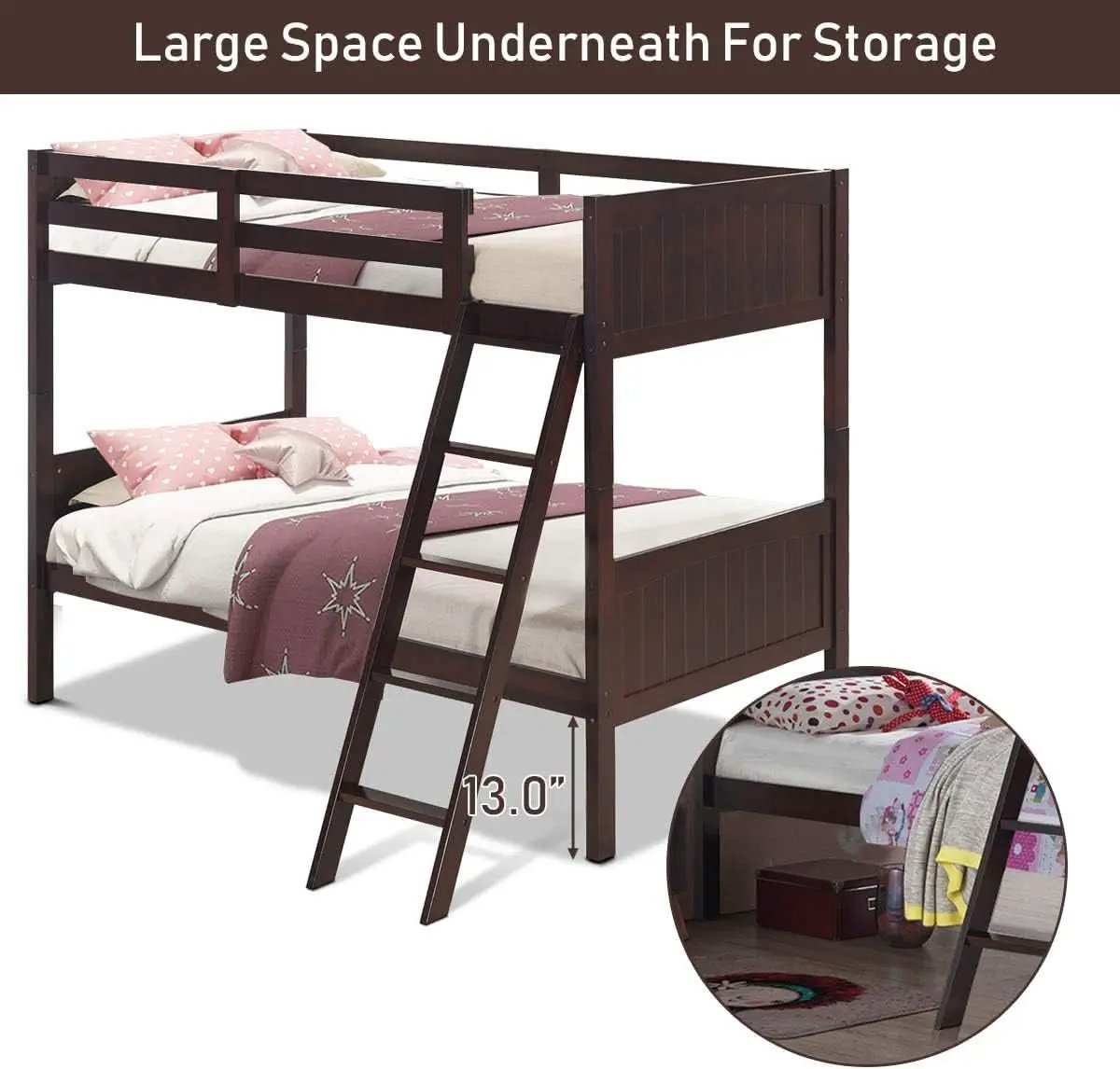 Twin Over Twin Bunk Bed Espresso With Safety Rails from PriceLows™