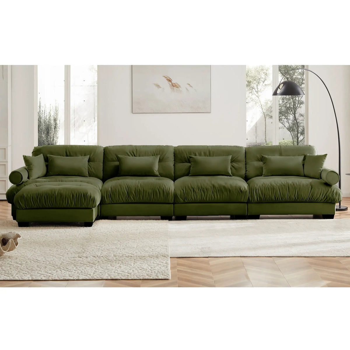 Modular Sectional Sofa | Deep Comfort Cushions | Vintage Fabric Ottoman