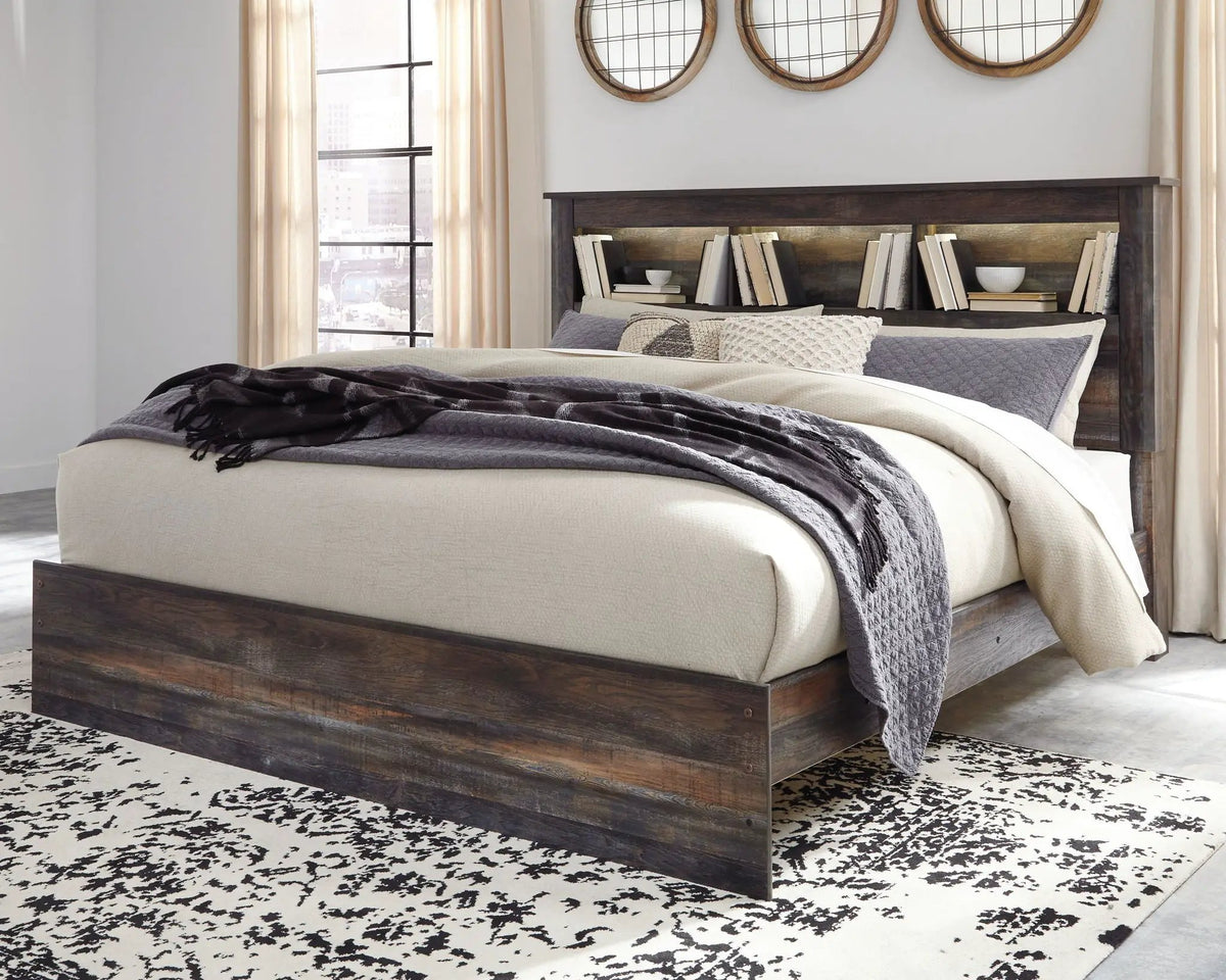 Drystan Panel Bookcase Bed | Storage Headboard | Rustic Industrial Style | 85 Inch Length