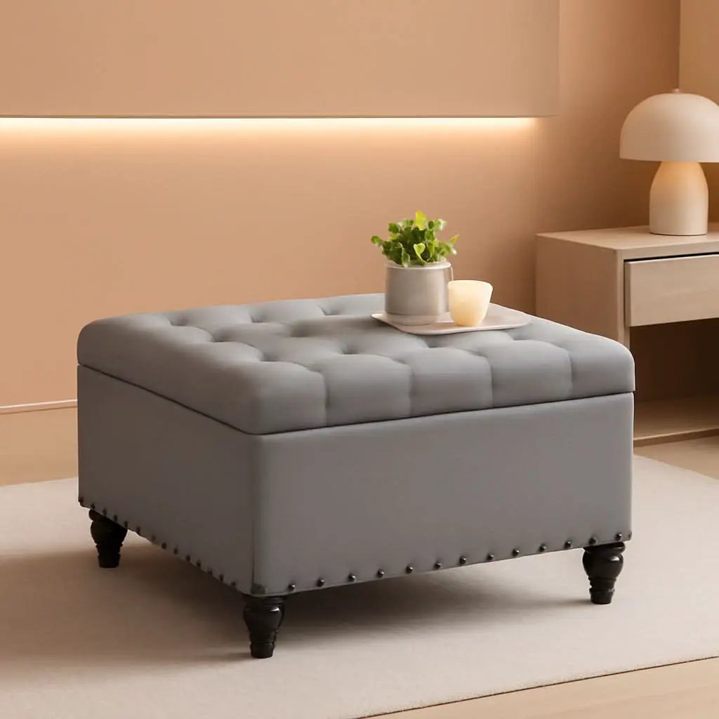 Grey Tufted Storage Ottoman Square For Living Room from PriceLows™
