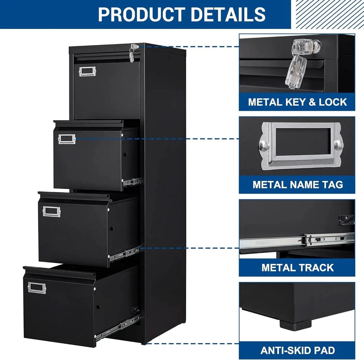 Lockable 4 Drawer Vertical File Cabinet Black Metal For Home Office from PriceLows™