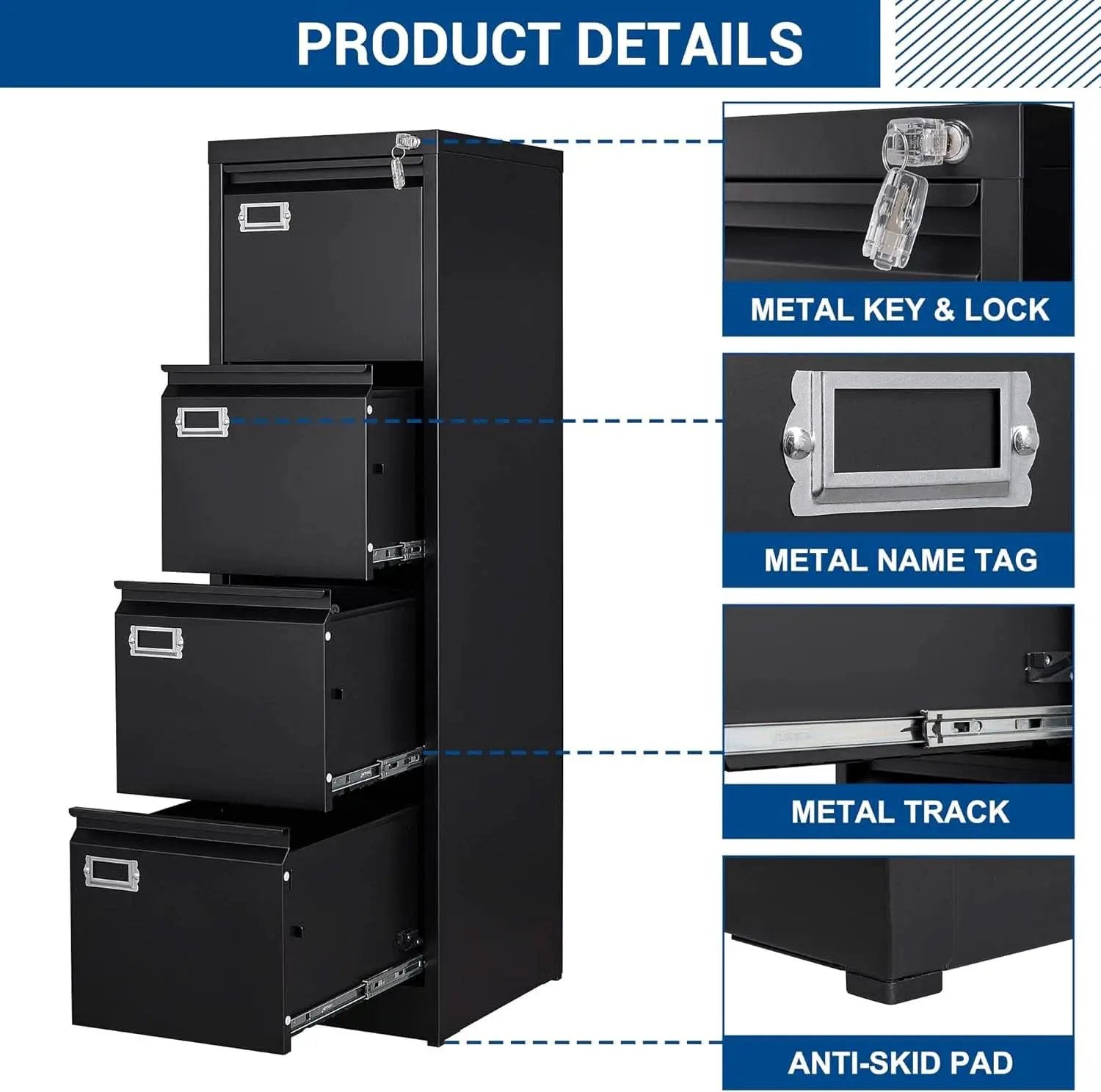 Lockable 4 Drawer Vertical File Cabinet Black Metal For Home Office from PriceLows™
