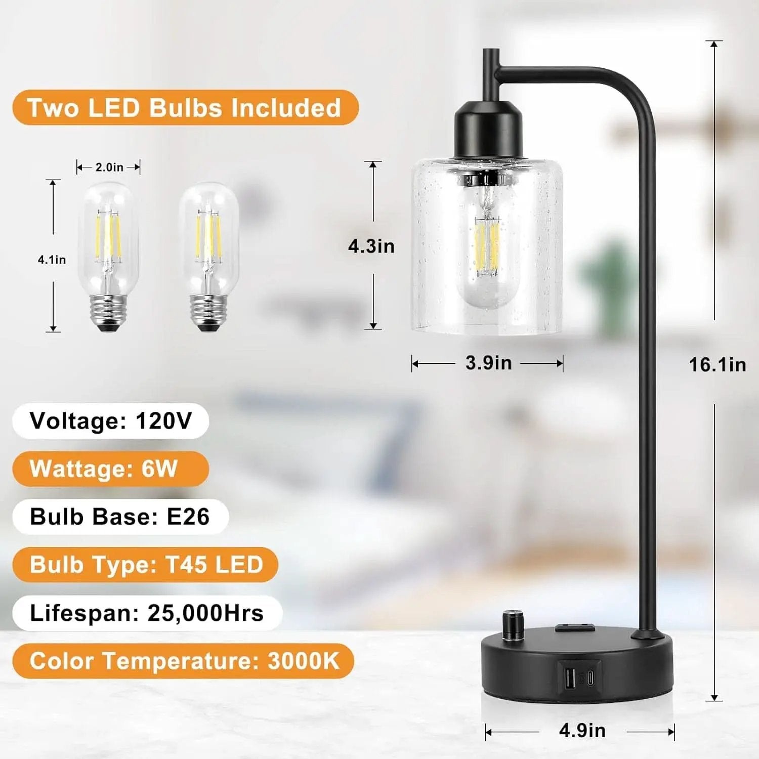 Industrial Table Lamps 2 Pack Black Dimmable USB Ports from PriceLows™