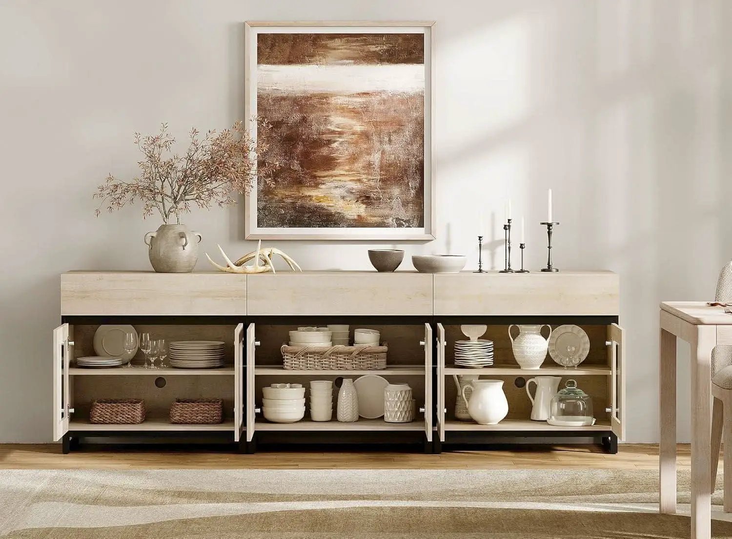 Light Oak Glass Doors Sideboard With Drawers For Dining from PriceLows™