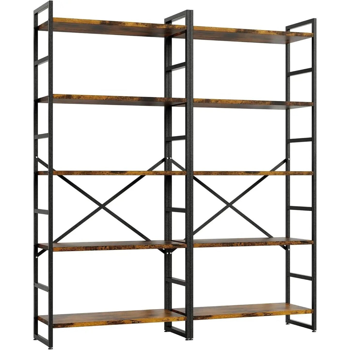 Pair Of 5 Shelf Bookcases Rustic Brown Industrial Tall from PriceLows™