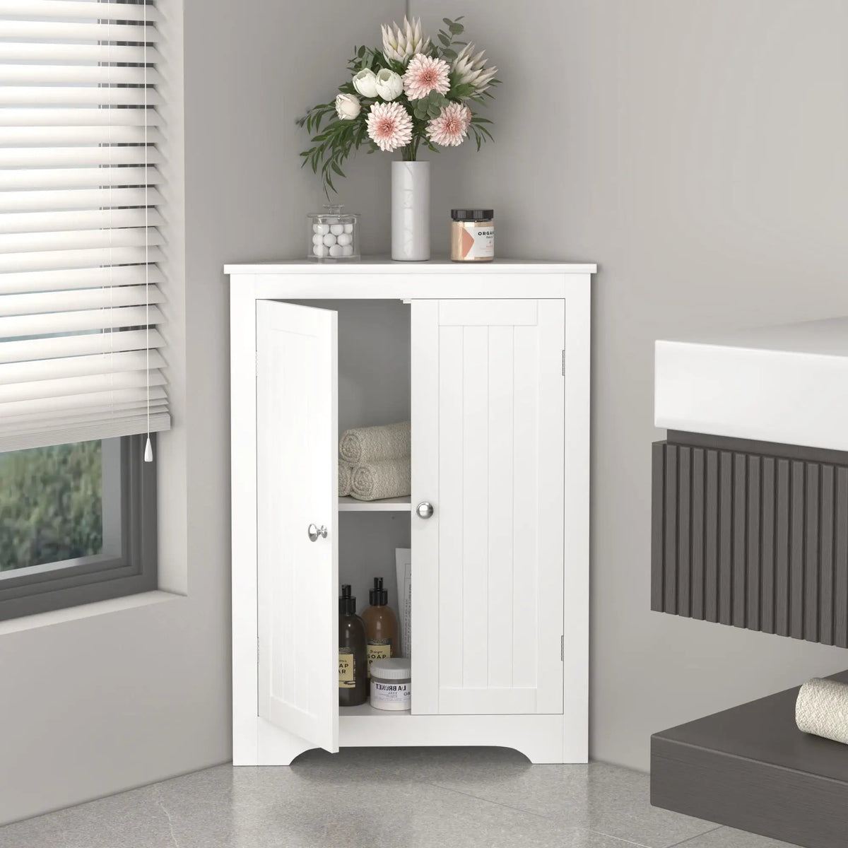 Corner Cabinet | 2 Door | Adjustable Shelves | White Finish
