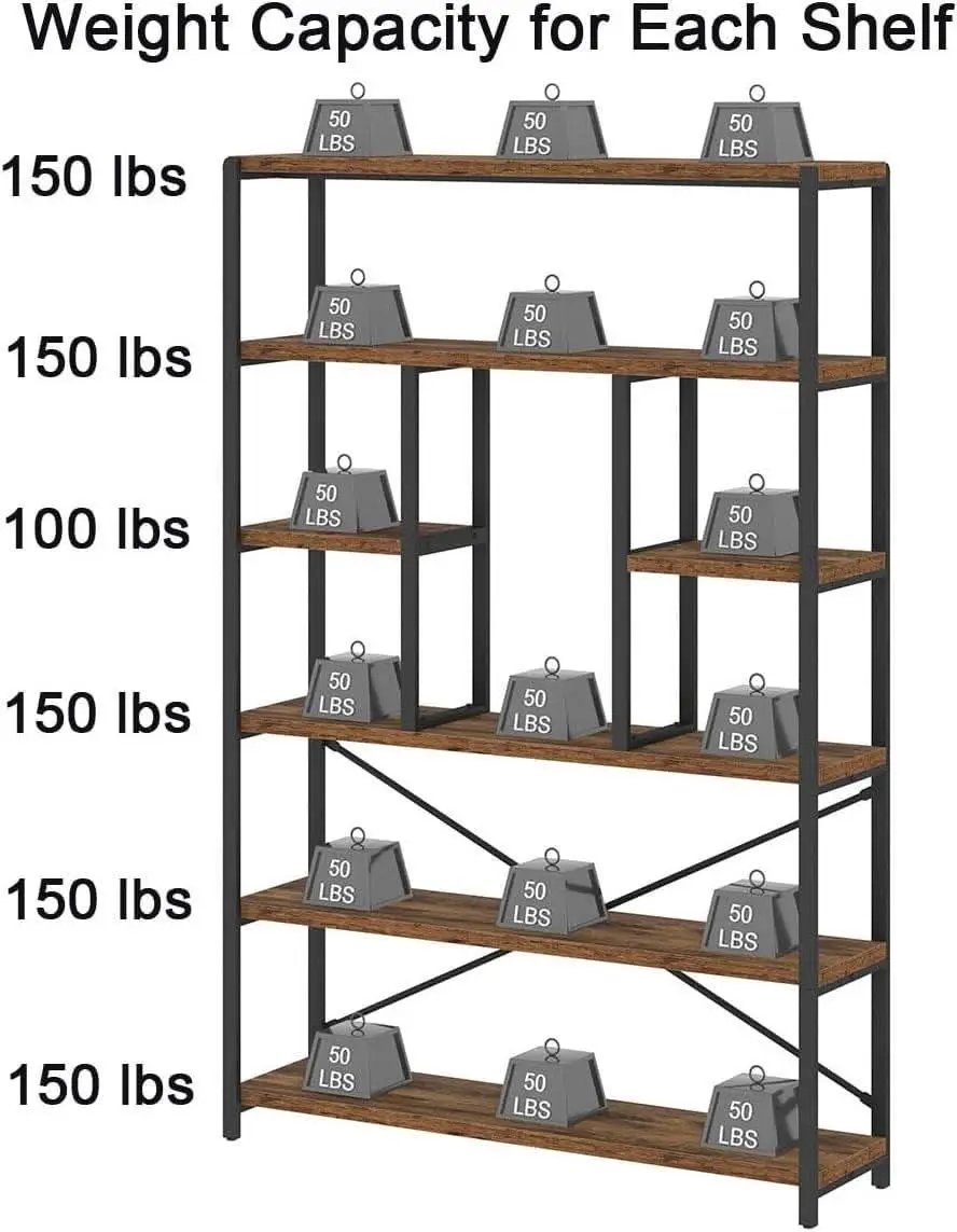 Rustic Industrial 6 Tier Bookcase Brown Wood Black Metal from PriceLows™