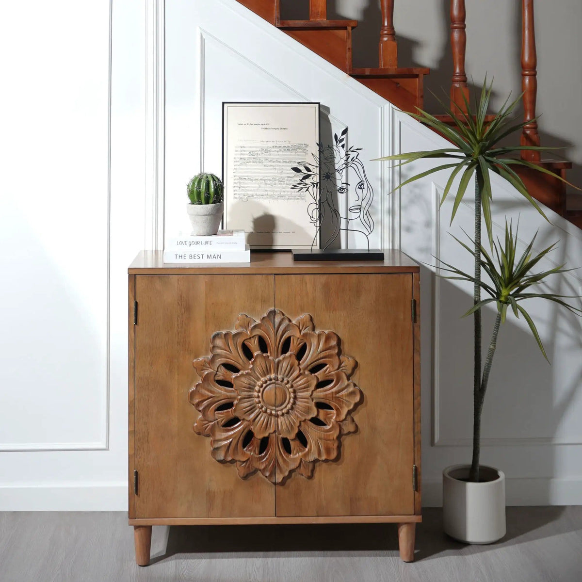 2 Door Accent Storage Cabinet With Floral Design, Sideboard For Living Room - | 31 x 15.3 x 31.7 in | Wood | Dark Brown