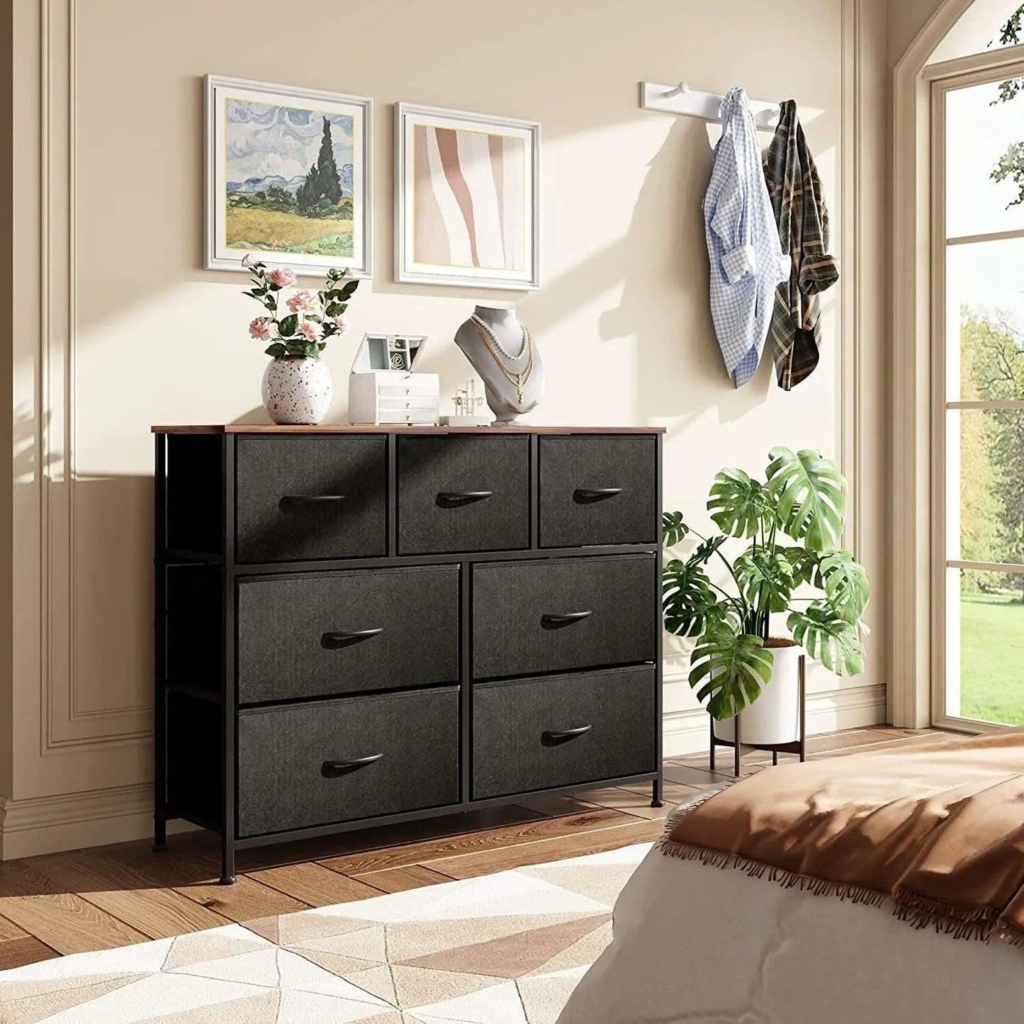 Black Dresser TV Stand With Fabric Drawers 39 Inch Length from PriceLows™