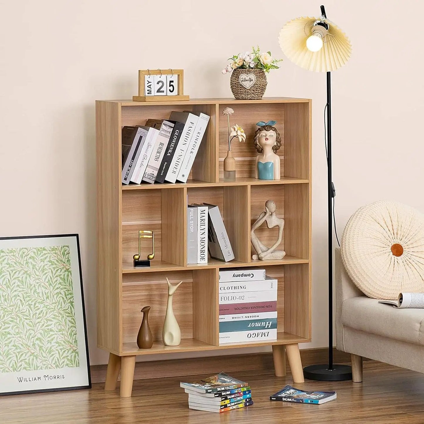 Wooden 7 Cube Bookshelf Natural Finish 3 Tier Freestanding from PriceLows™