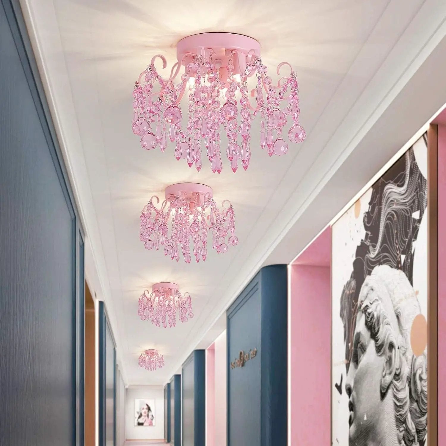 Pink Crystal Mini Chandelier 3 Light Semi Flush Mount from PriceLows™