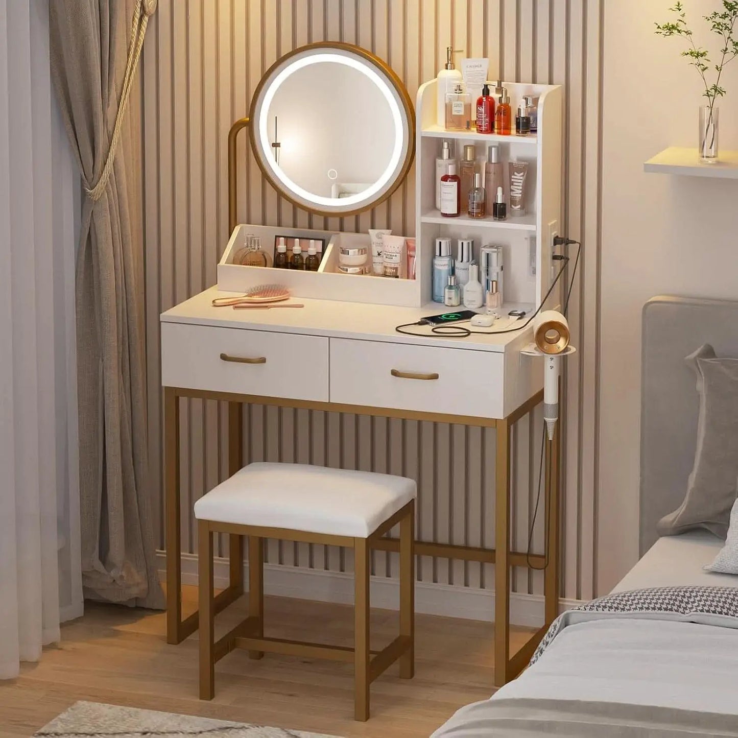 White Round LED Makeup Vanity Mirror With Charging Station 31.5 Inch from PriceLows™