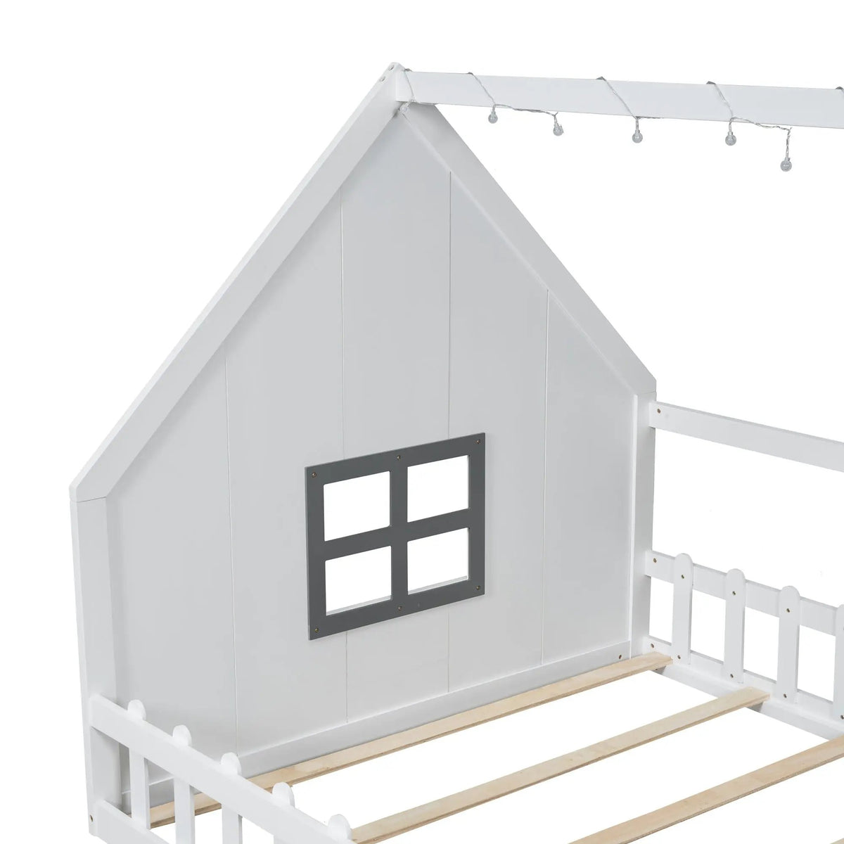 Platform House Bed | Window And Fence Design | Solid Pine Wood | Built-In LED Light
