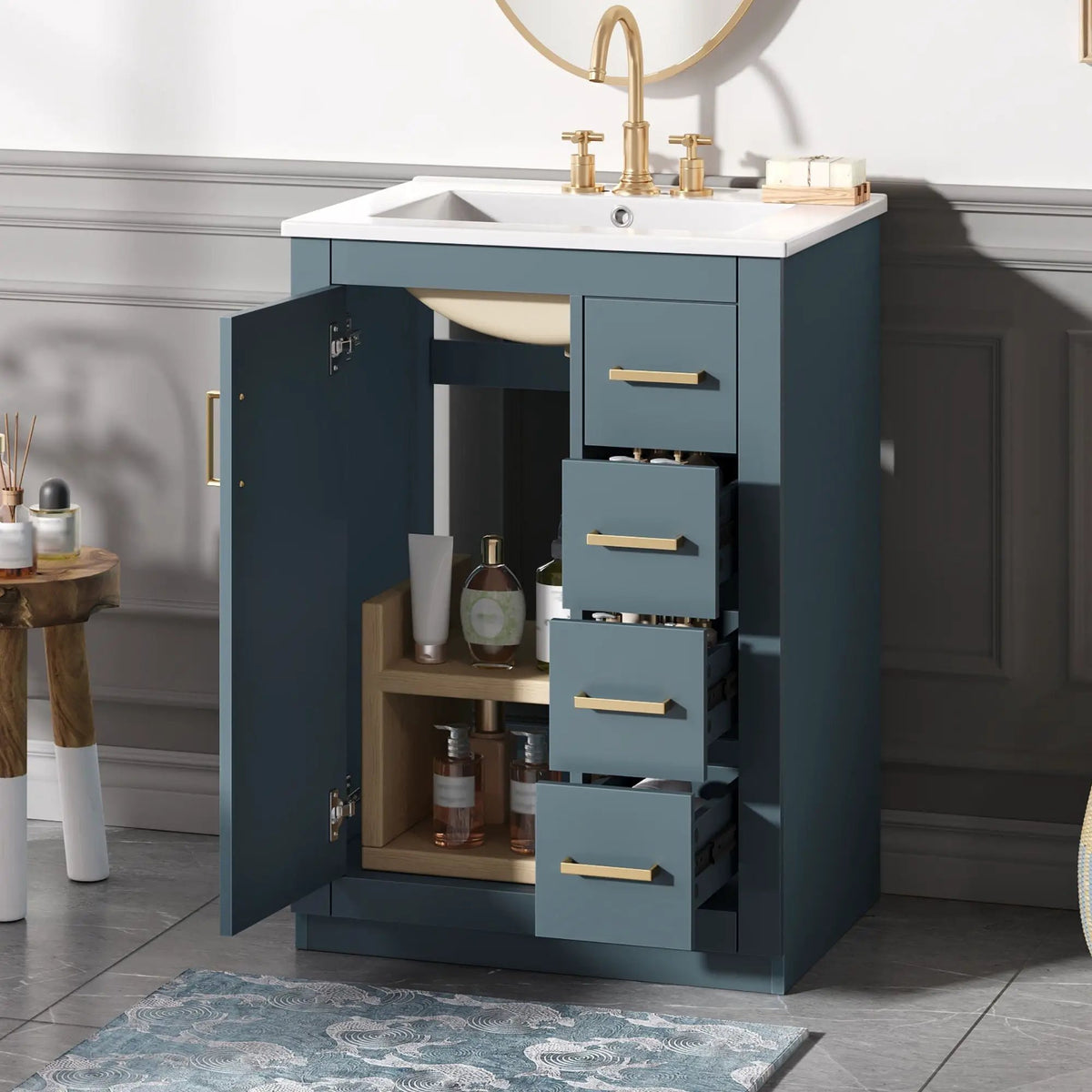 24 Inch Modern Bathroom Vanity | 1 Door 3 Drawers | Ceramic Sink | Compact Footprint