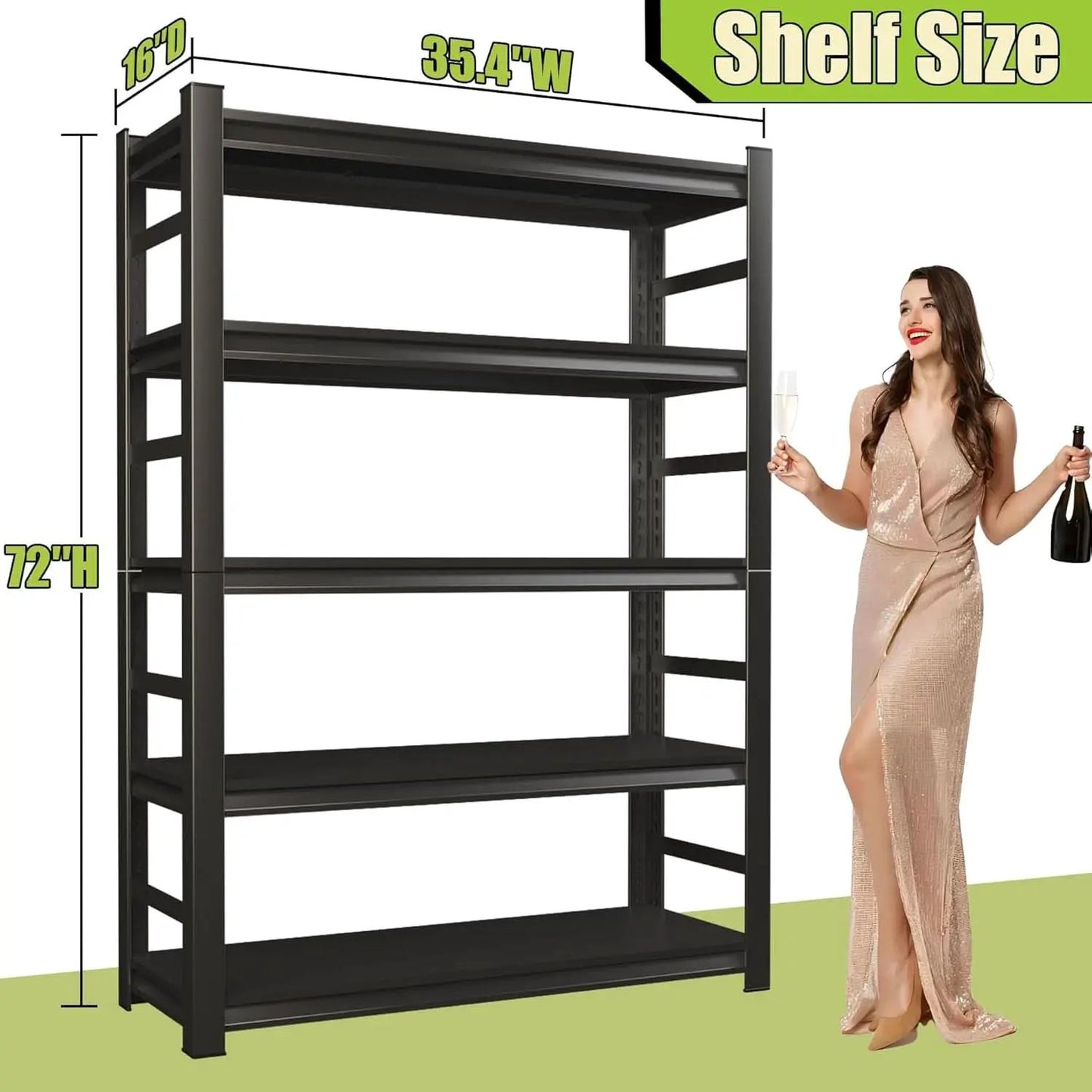 5 Tier Metal Wide Bookshelf Black Tall 72 Inch High from PriceLows™